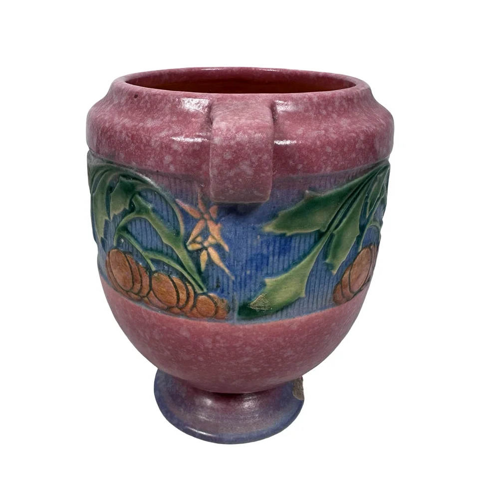 Vintage‎ Roseville Baneda Art Pottery Vase Pink Blue Floral Handles 606-7 READ